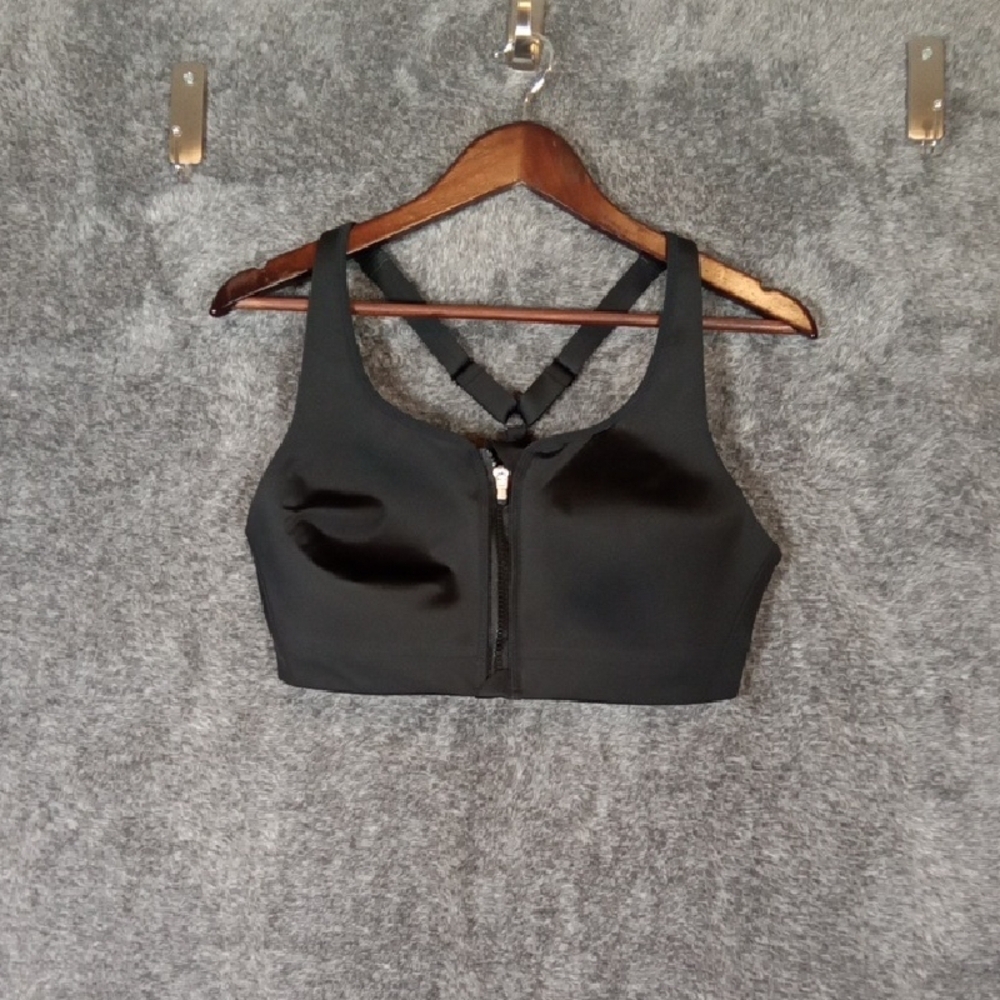 Athleta Advance Front Zip Criss Cross Black Bra Womens 38C